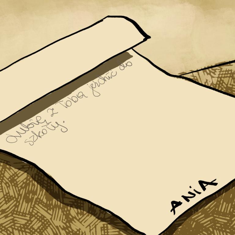Rysunek przedstawia arkusz papieru podpisany imieniem ucznia. Jest to ilustracja opisanej w artykule zabawy dla uczniów klas 1 szkół średnich.